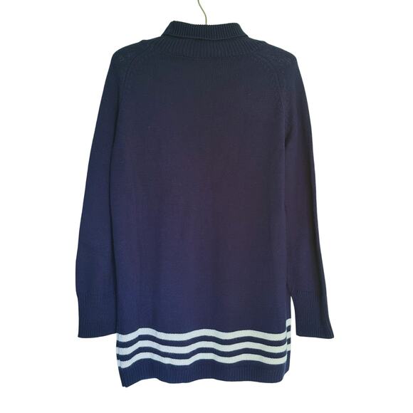 Rokoko Navy Blue Turtleneck Oversized Sweater White Stripe Hem Small Academia - Picture 3 of 6